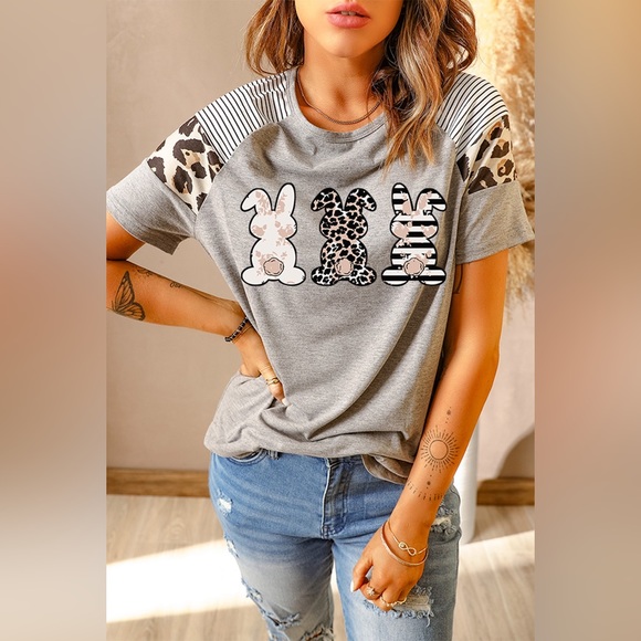 Sweet Tees XO Boutique Tops - Easter Rabbit Graphic Striped Leopard Raglan Sleeve Tee